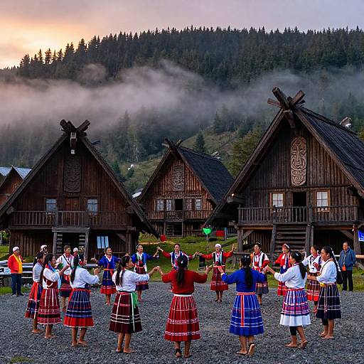 Photograph of traditional folk dancers in colorful Norwegian costumes, performing in front of wooden stave houses with cross-shaped roofs, set against a misty,