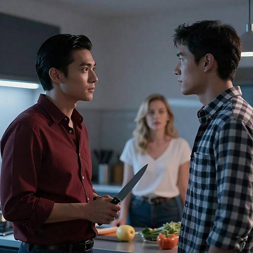 Dramatic Blue-Red Kitchen Standoff Photo