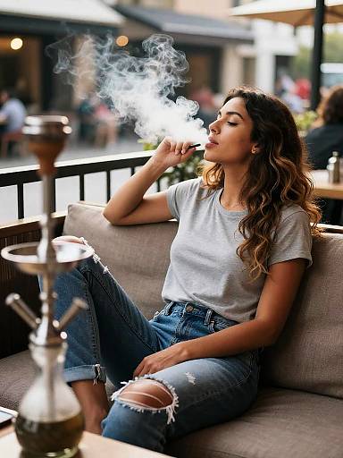 Woman Smoking Shisha at Outdoor Cafe