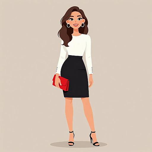 Digital illustration of a confident woman with long brown hair, wearing a white long-sleeve top, black knee-length skirt, black heels, and holding