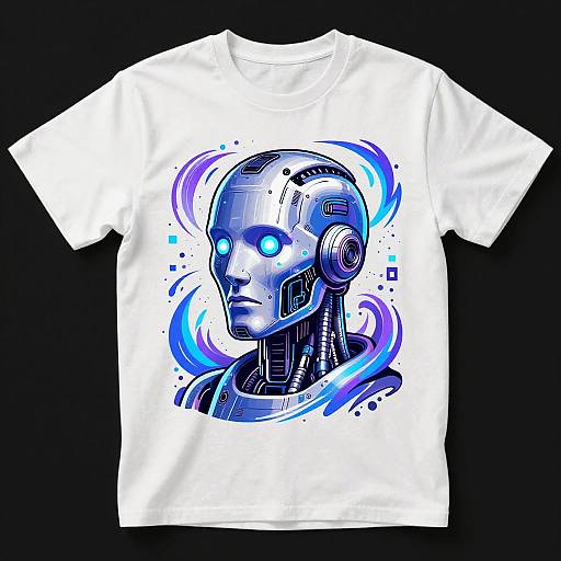 Photograph of a white t-shirt featuring a digital, glowing blue and purple cyber-head portrait with futuristic lines and swirls.