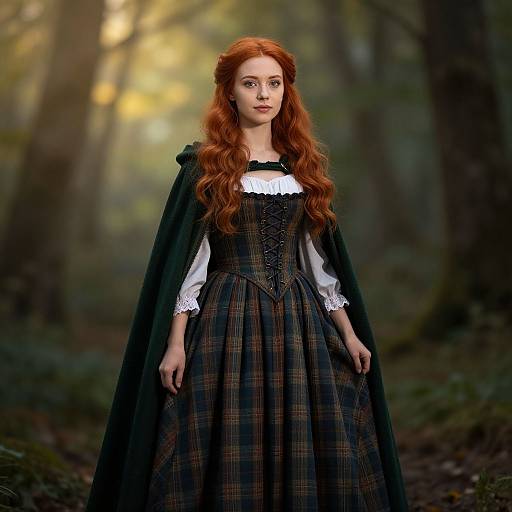 Photograph of a red-haired woman in a Victorian-style dress with a plaid pattern, white lace trim, and black cape, standing in a mist