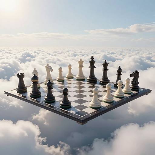 Floating chessboard with black and white pieces suspended in a sea of clouds under a bright, blue sky. Digital artwork.