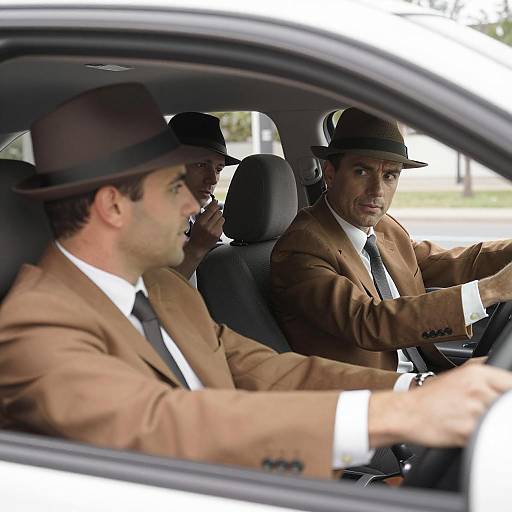 Three Men in Suits Driving a Car