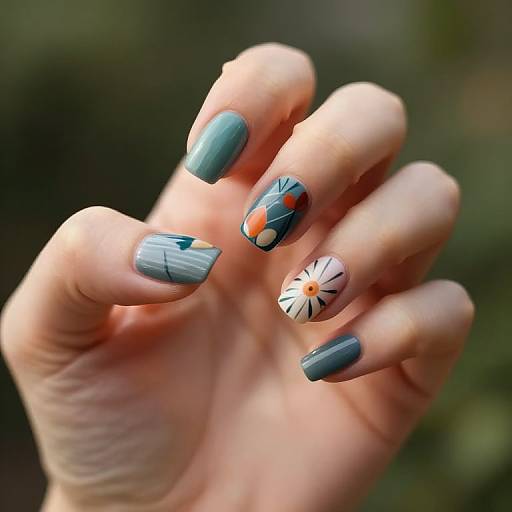 Photograph of a hand with intricate nail art: teal base, geometric patterns, and a floral design on the ring finger. Blurred green background.