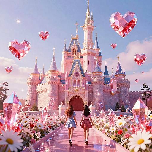 Photograph of two young girls in colorful dresses walking towards a magical, pink and blue castle surrounded by glowing heart-shaped crystals and vibrant flowers under a bright