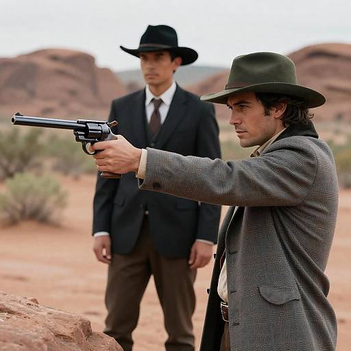 Two Men in Western Attire in Desert Showdown