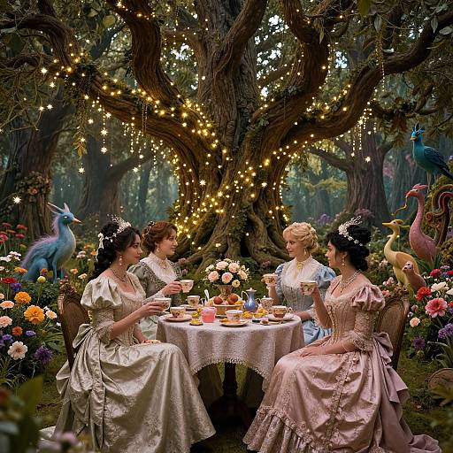 Photograph-style digital art of three Victorian women in ornate dresses, sitting under a glowing, fairy-lit tree, enjoying tea with colorful birds and