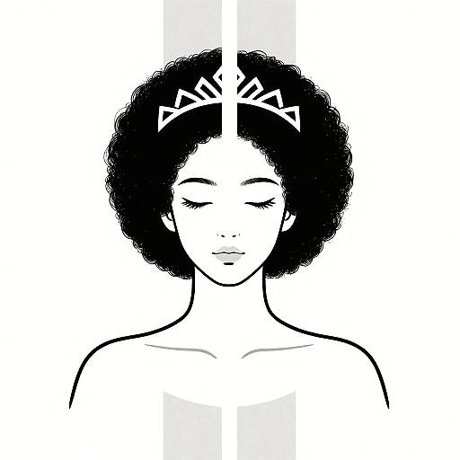 Black-and-white digital drawing of a serene woman with closed eyes, short curly hair, and a crown-like headpiece, centered on a white background.