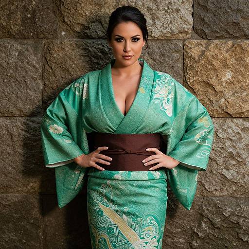 Photograph of a confident woman with dark hair in a green kimono with intricate patterns, brown obi, standing against a stone wall.