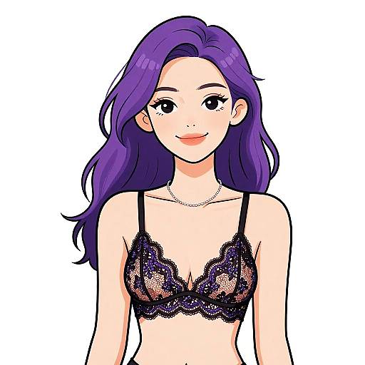 Digital anime-style drawing of a smiling woman with long purple hair wearing a black lace bra, set against a white background.