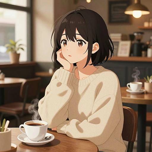 Anime-style digital drawing of a shy, black-haired girl in a beige sweater, sitting at a café table with a steaming cup. Warm, softly