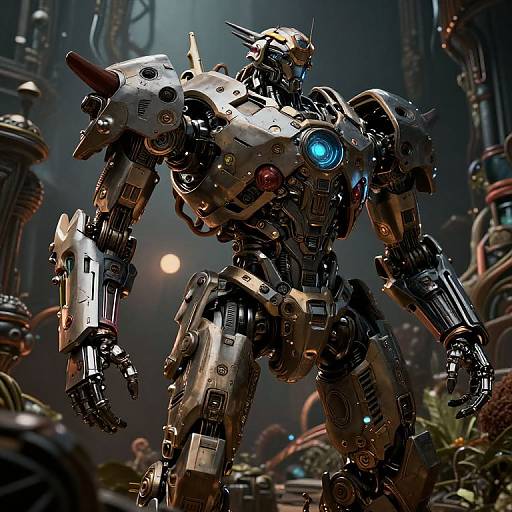 Highly detailed CGI cybernetic warrior with glowing blue eye, metallic armor, and sharp spikes, standing in a dimly lit, industrial sci-fi