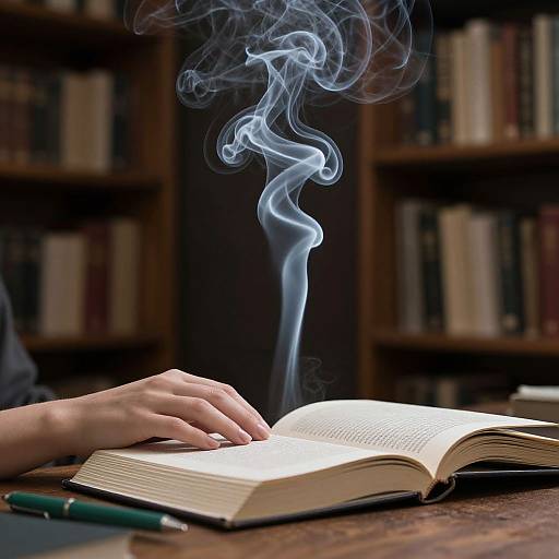 Photograph of a hand resting on an open book, with a curling blue smoke rising from the pages, set against a blurred bookshelf background.