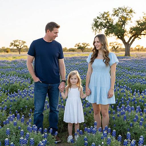 Photograph of a happy family: father in black t-shirt and jeans, mother in white dress, and young daughter in white dress, holding hands in