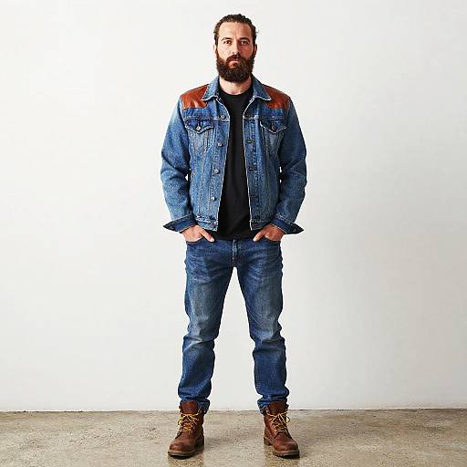 Photograph of a bearded man with short dark hair, wearing a blue denim jacket with brown leather patches, black shirt, blue jeans, and brown