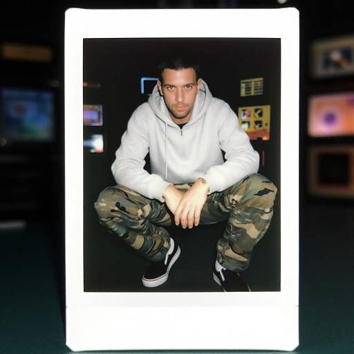 Photograph of a young man with short dark hair, wearing a white hoodie, camouflage pants, and black-and-white sneakers, crouching in a