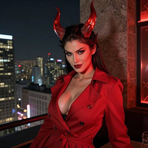 Photograph of a woman with dark hair, red devil horns, and red lipstick, wearing a red blazer with deep neckline, standing on a balcony