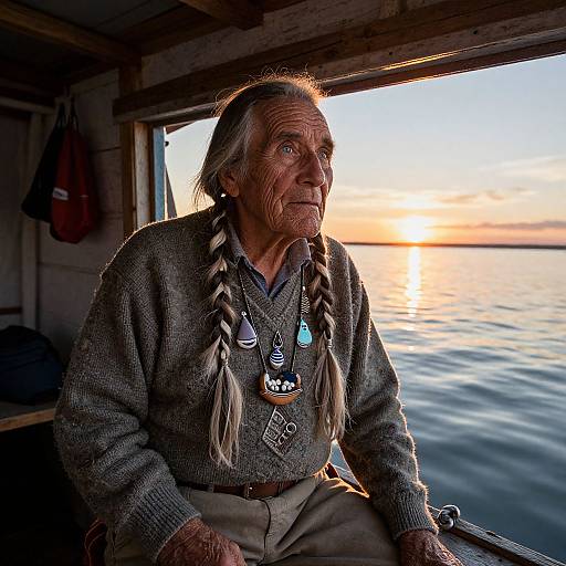 Photograph of an elderly Native American woman with long braided gray hair, wearing a gray sweater and traditional necklaces, sitting in a wooden boat at