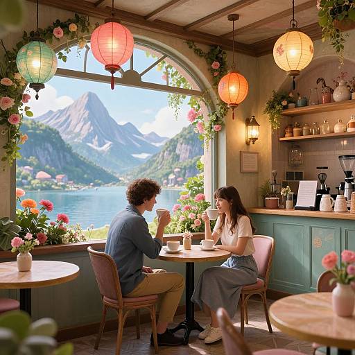 Photograph of a romantic café with a mountainous, lakeside view. A curly-haired man in a blue shirt and woman in a white top sit