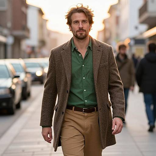 Photograph of a bearded man with tousled hair, wearing a green shirt, brown tweed blazer, and tan pants, walking down a