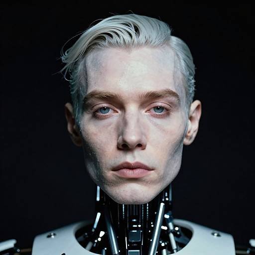 Photorealistic CGI portrait of a pale-skinned, white-haired, androgynous person with cybernetic neck, blue eyes, and serious