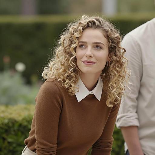 Curly Blonde Woman Smiling Outdoors