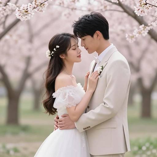 Photograph of an Asian couple in a romantic embrace under cherry blossoms; the woman wears a white off-shoulder dress, the man a beige