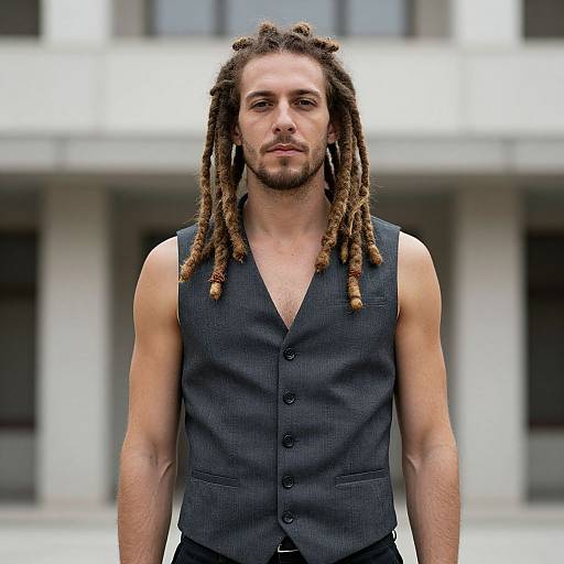 Photograph of a muscular, white man with long brown dreadlocks, wearing a sleeveless black vest, standing in front of a modern, white building