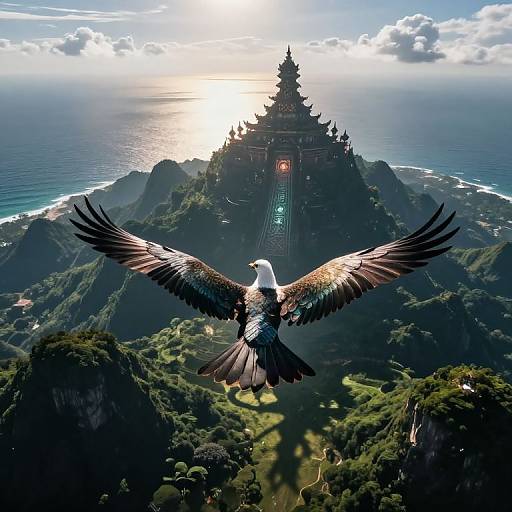 Mystical Bird-Temple Over Ocean Mountains