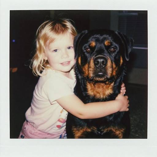 Photograph of a blonde, blue-eyed toddler girl hugging a black and tan Rottweiler dog, both smiling warmly indoors at night.