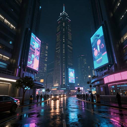 Neon-lit, rain-soaked cityscape at night with towering skyscrapers, vibrant digital billboards, and illuminated reflections on wet streets.