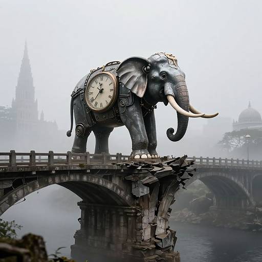 Clockwork Elephant on Crumbling Bridge