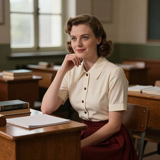 Photograph of a 1940s-style brunette woman with curled hair, wearing a white button-up blouse and maroon skirt, sitting in a sun