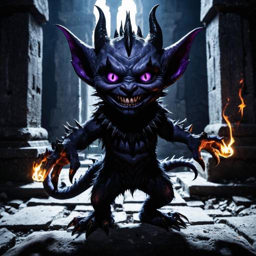 Evil Shadow Imp with Violet Eyes in Ancient Temple
