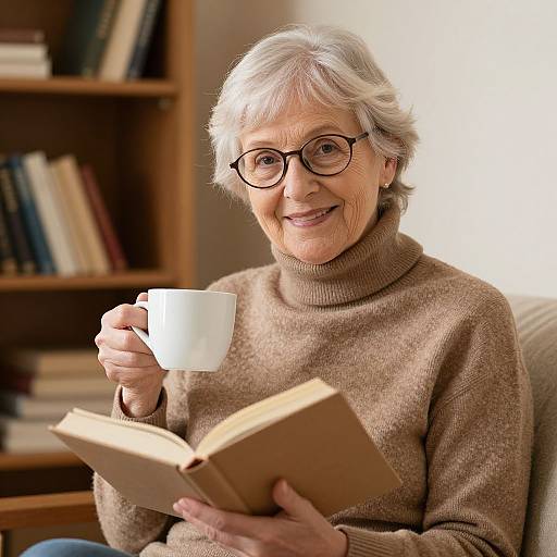Photograph of an elderly woman with short gray hair, wearing glasses and a brown turtleneck, smiling while reading a book and holding a white mug