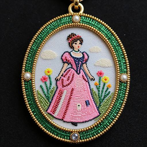 Victorian Woman Beaded Pendant Art