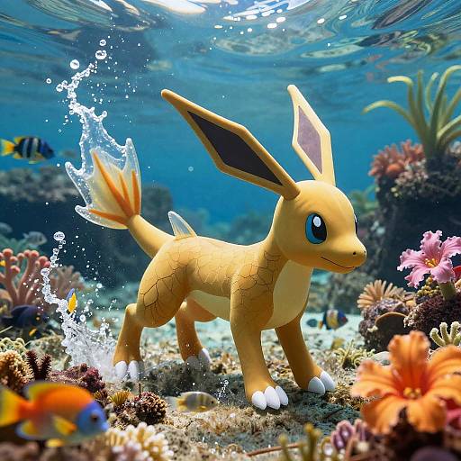 Photorealistic CGI of a shiny, yellow, finned, Pokémon-like creature with large ears, standing underwater among colorful coral reefs, bubbles, and