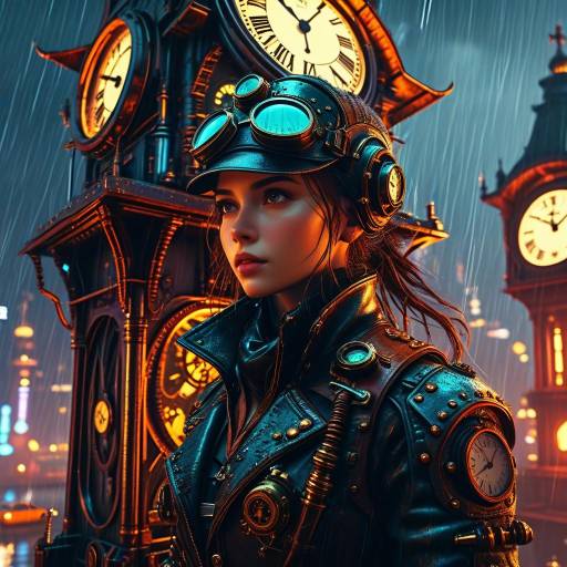 Steampunk Pilot on Neon Clock Tower