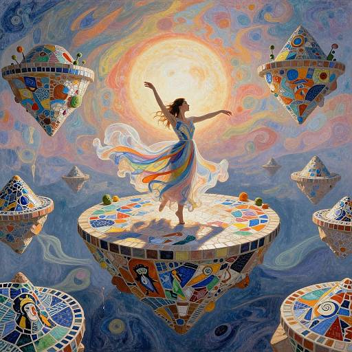 Digital art: Silhouetted woman in flowing, multicolored dress dances on a floating mosaic platform, surrounded by colorful, patterned floating islands
