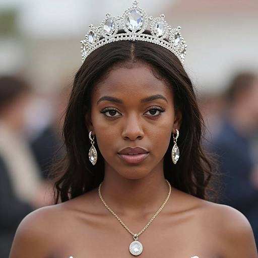 Photograph of a beautiful Black woman with dark skin, wearing a silver tiara, elegant drop earrings, and a gold necklace, with a blurred outdoor