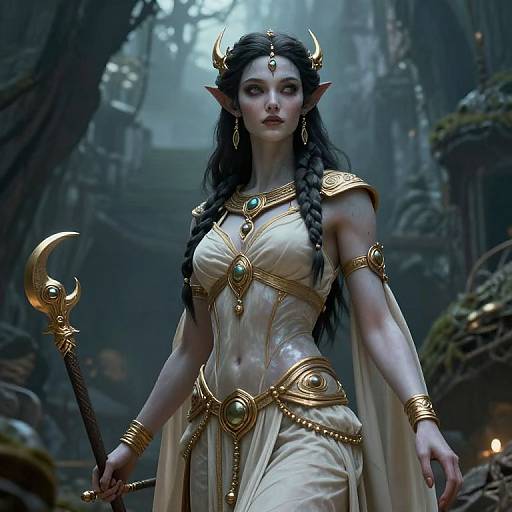 Digital fantasy artwork of a pale-skinned, dark-haired elf woman with horns, wearing a white, gold-trimmed dress, holding a staff,