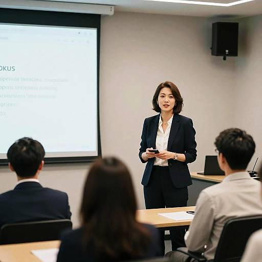 Photograph of a professional woman with shoulder-length brown hair, in a black blazer and white blouse, standing and speaking to three seated audience members in