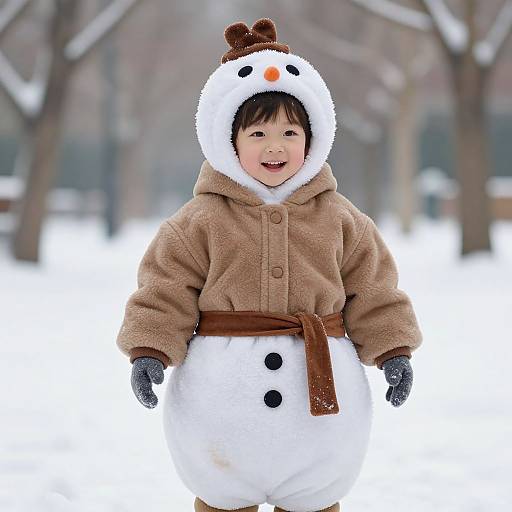 Photograph of a smiling toddler in a brown snowsuit with a snowman hood, standing in a snowy park with leafless trees.