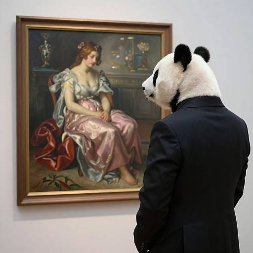 Photograph of a panda in a black suit, standing before a classical painting of a seated woman in a pink dress, in an art gallery.