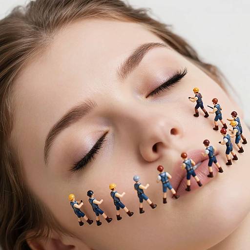 Digital artwork of a serene young woman with closed eyes, featuring tiny, diverse, miniature figures standing and interacting on her face.