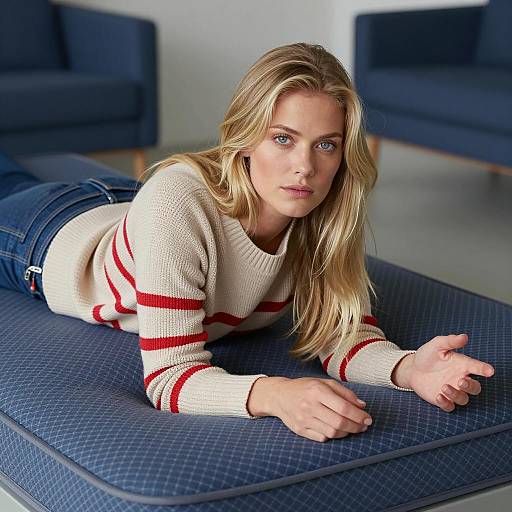 Blonde Woman Lying on Blue Mattress