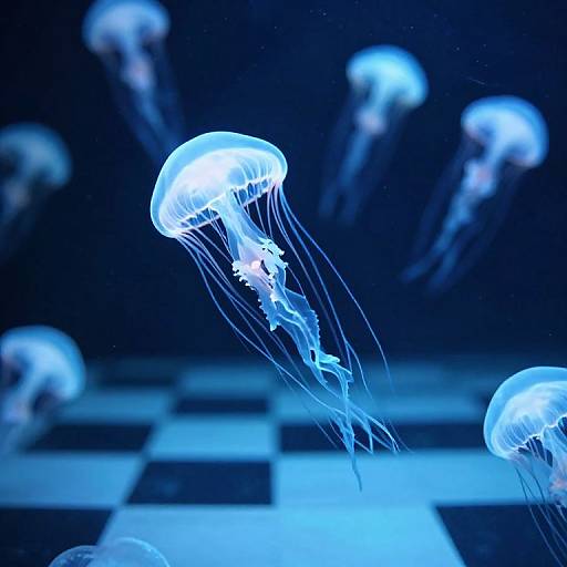 Photograph of glowing blue jellyfish floating above a black-and-white checkered floor, creating a surreal underwater scene with a dark background.