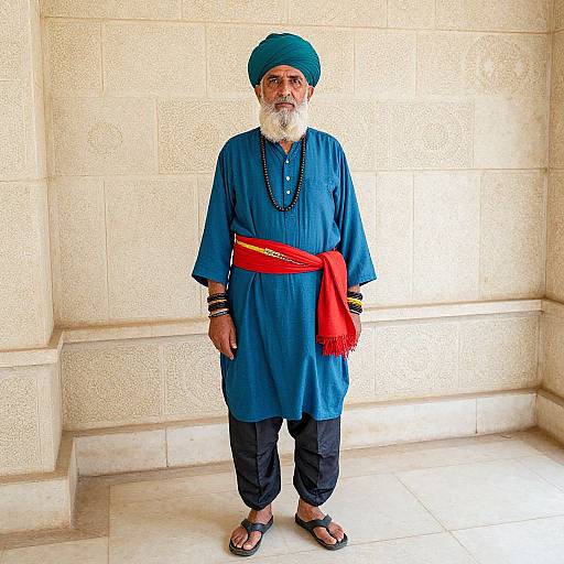 Photograph of an elderly Indian man with a white beard, wearing a blue kurta, green turban, red sash, black pants, and