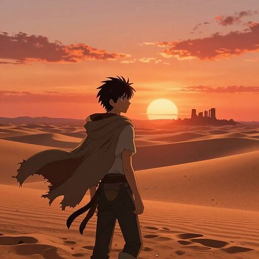 Anime-style drawing of a silhouetted boy with spiky black hair, cape, and belt, standing in a desert at sunset, with a